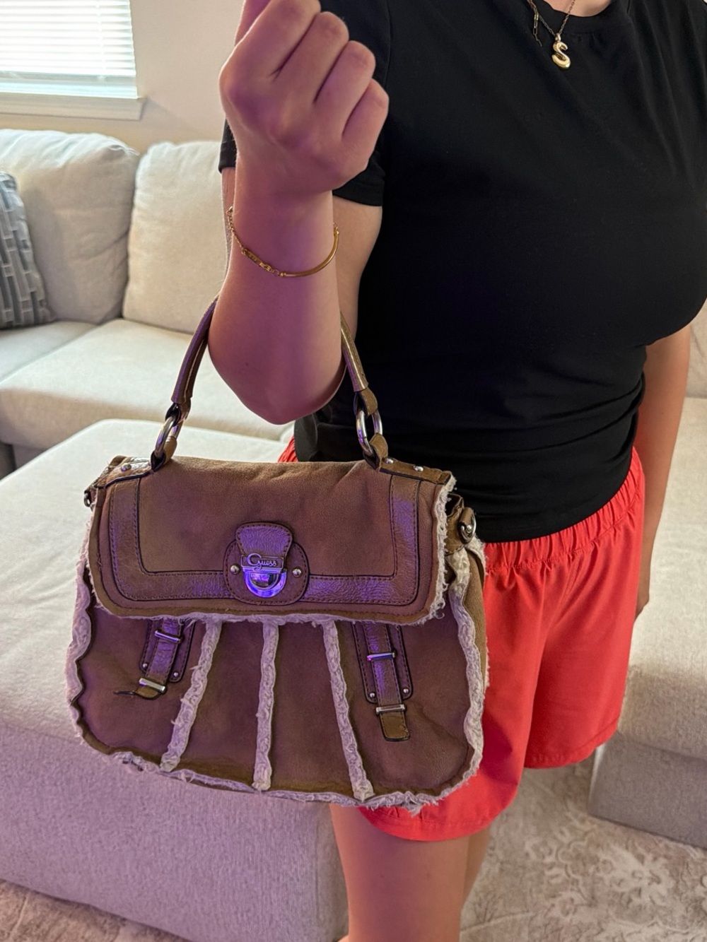 Guess Tan Suede Shoulder Satchel with Cream Trim - Picture 7 of 7